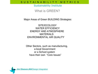S U S T AI N A BI L I T Y M E T RI C S
            Sustainability Institute

                   What is GREEN?

       Major Areas of Green BUILDING Strategies:

                  SITE/ECOLOGY
                WATER EFFICIENCY
             ENERGY AND ATMOSPHERE
                   MATERIALS
           ENVIRONMENTAL AIR QUALITY


          Other Sectors, such as manufacturing,
                 a local Government
                 or a School system
             have their own “Core Issues”




Jim Gleeson,AIA/Design Integration
 