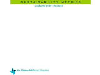 S U S T AI N A BI L I T Y M E T RI C S
            Sustainability Institute




Jim Gleeson,AIA/Design Integration
 
