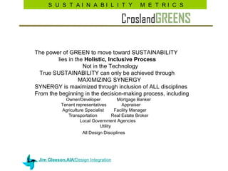 S U S T AI N A BI L I T Y M E T RI C S
             Sustainability Institute




The power of GREEN to move toward SUSTAINABILITY
         lies in the Holistic, Inclusive Process
                    Not in the Technology
  True SUSTAINABILITY can only be achieved through
                  MAXIMIZING SYNERGY
SYNERGY is maximized through inclusion of ALL disciplines
From the beginning in the decision-making process, including
             Owner/Developer             Mortgage Banker
           Tenant representatives           Appraiser
           Agriculture Specialist       Facility Manager
              Transportation           Real Estate Broker
                    Local Government Agencies
                               Utility
                      All Design Disciplines




 Jim Gleeson,AIA/Design Integration
 