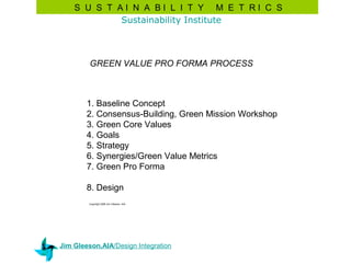 S U S T AI N A BI L I T Y M E T RI C S
            Sustainability Institute



         GREEN VALUE PRO FORMA PROCESS



        1. Baseline Concept
        2. Consensus-Building, Green Mission Workshop
        3. Green Core Values
        4. Goals
        5. Strategy
        6. Synergies/Green Value Metrics
        7. Green Pro Forma

        8. Design
        Copyright 2008 Jim Gleeson, AIA




Jim Gleeson,AIA/Design Integration
 