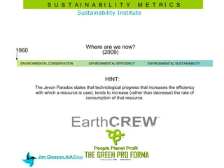 S U S T AI N A BI L I T Y M E T RI C S
                      Sustainability Institute




                                  Where are we now?
1960                                   (2009)
 ENVIRONMENTAL CONSERVATION         ENVIRONMENTAL EFFICIENCY      ENVIRONMENTAL SUSTAINABILITY




                                            HINT:
        The Jevon Paradox states that technological progress that increases the efficiency
        with which a resource is used, tends to increase (rather than decrease) the rate of
                                  consumption of that resource.




         Jim Gleeson,AIA/Design Integration
 