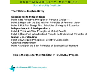 S U S T AI N A BI L I T Y M E T RI C S
                Sustainability Institute

The 7 Habits- Stephen Covey

Dependence to Independence
Habit 1: Be Proactive: Principles of Personal Choice ----
Habit 2: Begin with the End in Mind: Principles of Personal Vision
Habit 3: Put First Things First: Principles of Integrity & Execution
Independence to Interdependence
Habit 4: Think Win/Win: Principles of Mutual Benefit
Habit 5: Seek First to Understand, Then to be Understood: Principles of
Mutual Understanding
Habit 6: Synergize: Principles of Creative Cooperation
Continual Improvement
Habit 7: Sharpen the Saw: Principles of Balanced Self-Renewa


 This is the basis for the HOLISTIC, INTEGRATED Process




    Jim Gleeson,AIA/Design Integration
 