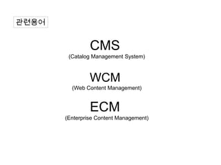 관련용어


                CMS
        (Catalog Management System)



                WCM
         (Web Content Management)


                ECM
       (Enterprise Content Management)
 