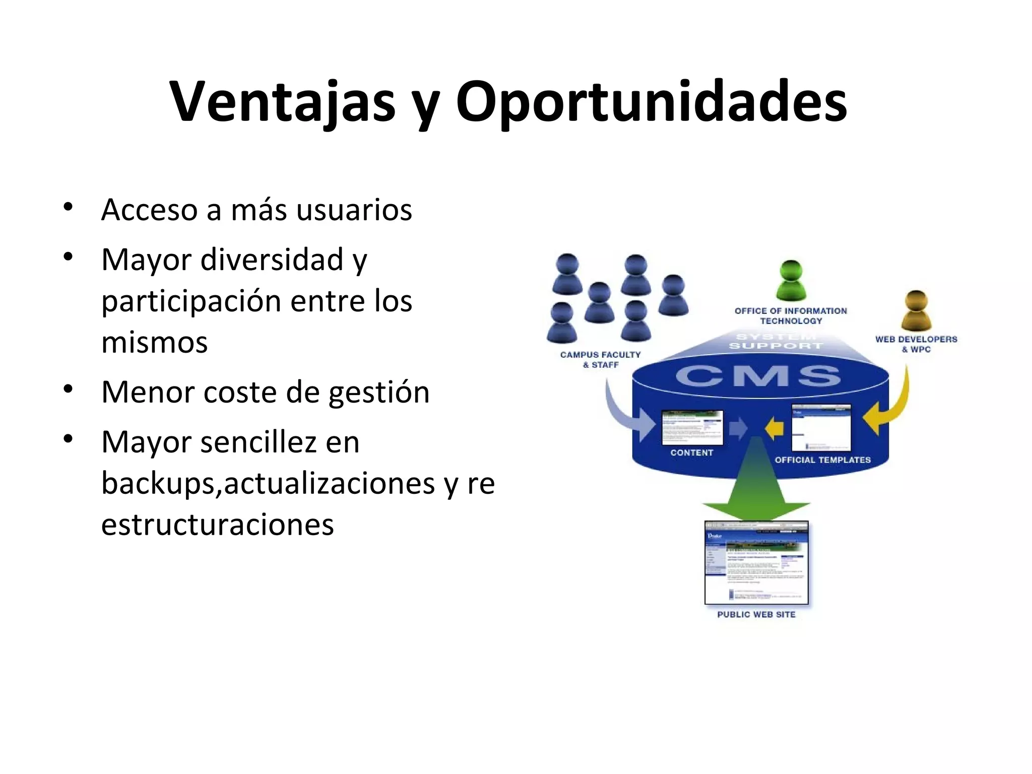 Ventajas y Oportunidades
• Acceso a más usuarios
• Mayor diversidad y
participación entre los
mismos
• Menor coste de gestión
• Mayor sencillez en
backups,actualizaciones y re
estructuraciones
 