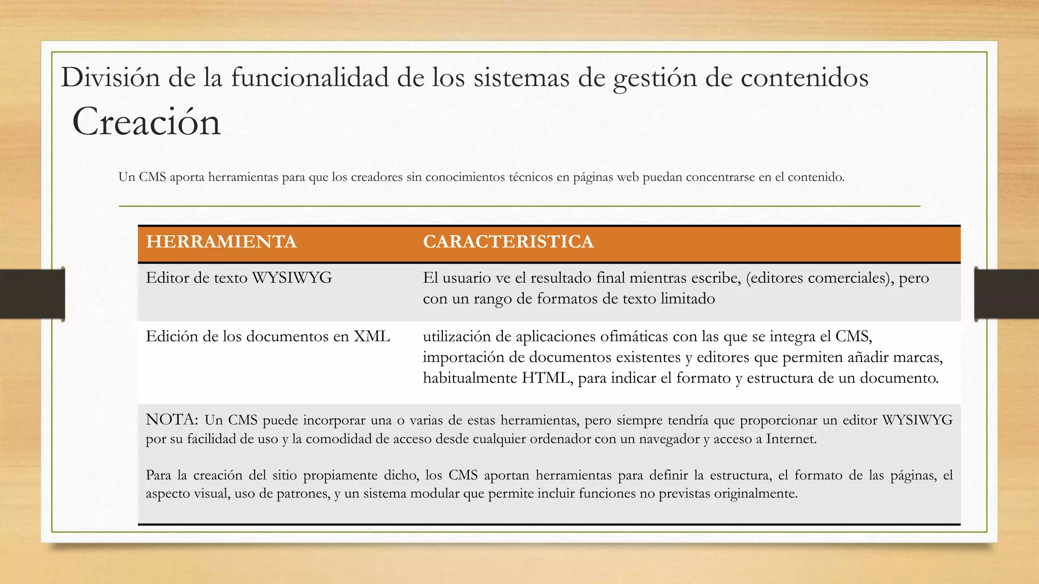 División de la funcionalidad de los sistemas de gestión de contenidos 
Creación 
Un CMS aporta herramientas para que los creadores sin conocimientos técnicos en páginas web puedan concentrarse en el contenido. 
HERRAMIENTA CARACTERISTICA 
Editor de texto WYSIWYG El usuario ve el resultado final mientras escribe, (editores comerciales), pero 
con un rango de formatos de texto limitado 
Edición de los documentos en XML utilización de aplicaciones ofimáticas con las que se integra el CMS, 
importación de documentos existentes y editores que permiten añadir marcas, 
habitualmente HTML, para indicar el formato y estructura de un documento. 
NOTA: Un CMS puede incorporar una o varias de estas herramientas, pero siempre tendría que proporcionar un editor WYSIWYG 
por su facilidad de uso y la comodidad de acceso desde cualquier ordenador con un navegador y acceso a Internet. 
Para la creación del sitio propiamente dicho, los CMS aportan herramientas para definir la estructura, el formato de las páginas, el 
aspecto visual, uso de patrones, y un sistema modular que permite incluir funciones no previstas originalmente. 
 