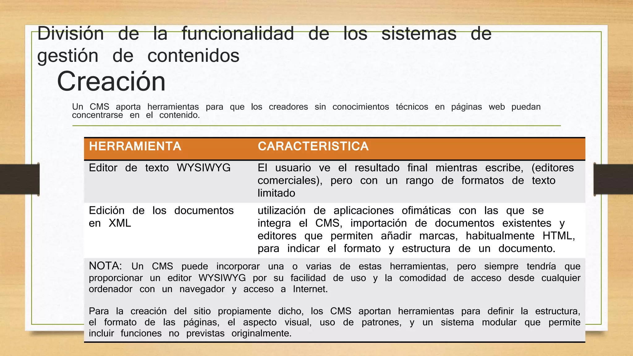División de la funcionalidad de los sistemas de 
gestión de contenidos 
Creación 
Un CMS aporta herramientas para que los creadores sin conocimientos técnicos en páginas web puedan 
concentrarse en el contenido. 
HERRAMIENTA CARACTERISTICA 
Editor de texto WYSIWYG El usuario ve el resultado final mientras escribe, (editores 
comerciales), pero con un rango de formatos de texto 
limitado 
Edición de los documentos 
en XML 
utilización de aplicaciones ofimáticas con las que se 
integra el CMS, importación de documentos existentes y 
editores que permiten añadir marcas, habitualmente HTML, 
para indicar el formato y estructura de un documento. 
NOTA: Un CMS puede incorporar una o varias de estas herramientas, pero siempre tendría que 
proporcionar un editor WYSIWYG por su facilidad de uso y la comodidad de acceso desde cualquier 
ordenador con un navegador y acceso a Internet. 
Para la creación del sitio propiamente dicho, los CMS aportan herramientas para definir la estructura, 
el formato de las páginas, el aspecto visual, uso de patrones, y un sistema modular que permite 
incluir funciones no previstas originalmente. 
 