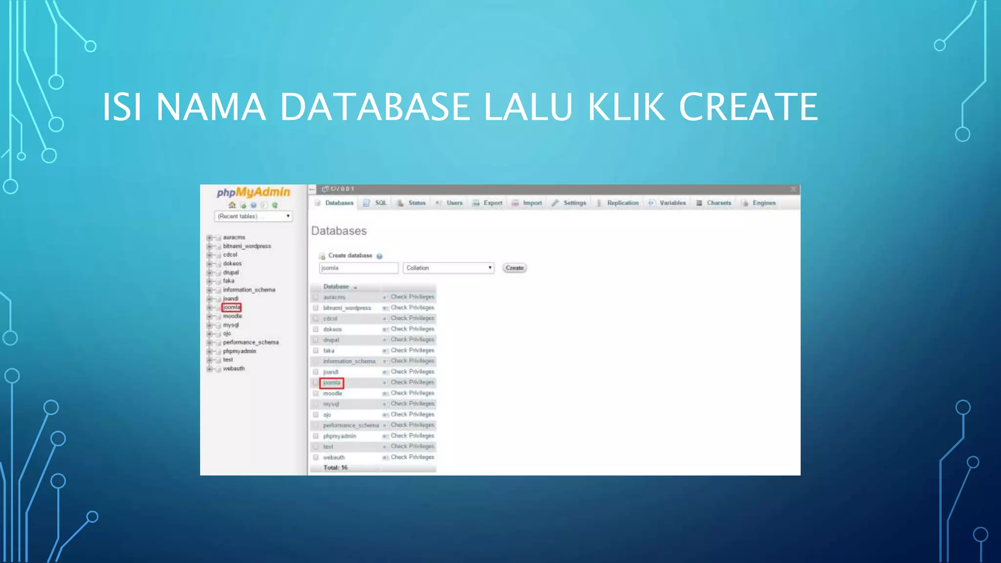 ISI NAMA DATABASE LALU KLIK CREATE
 