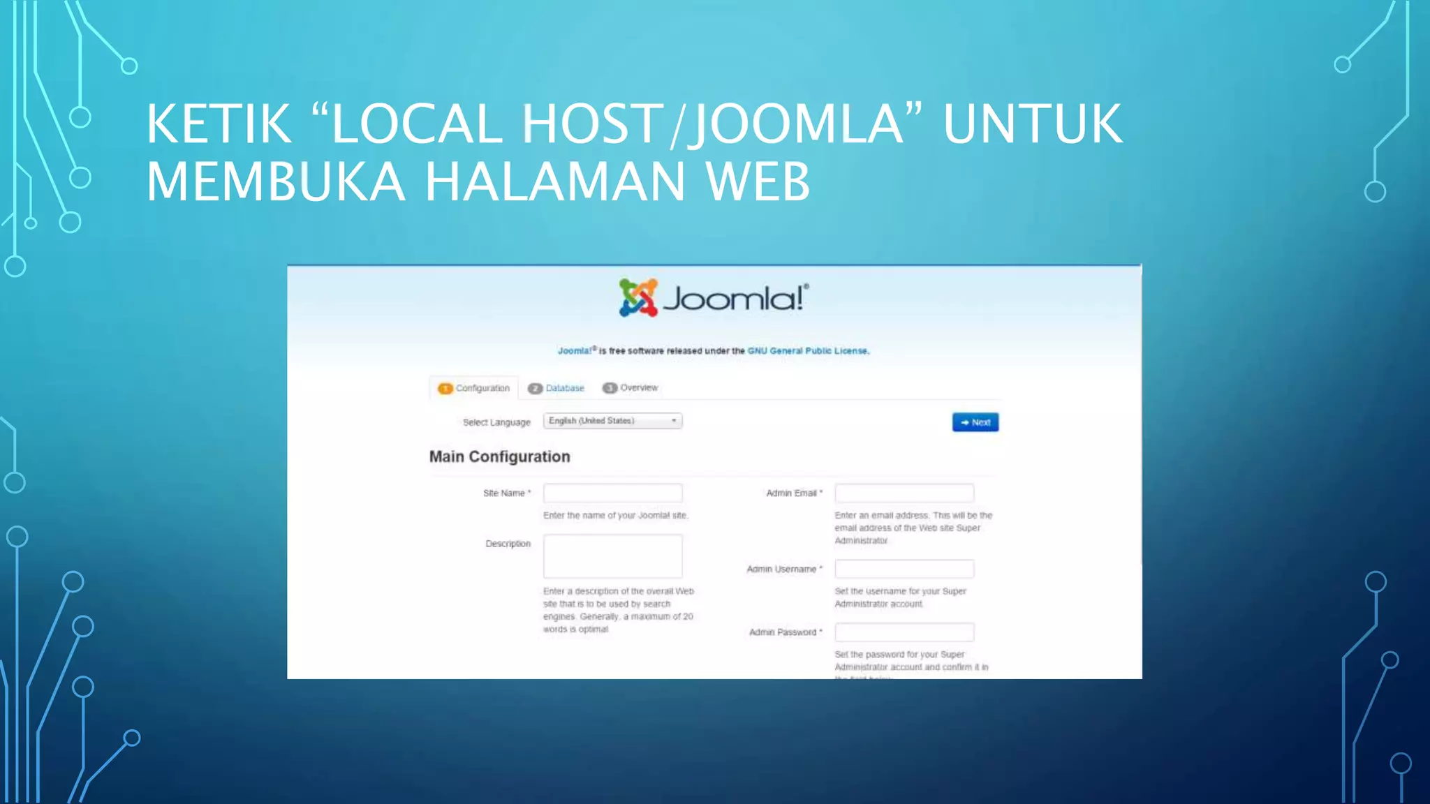 KETIK “LOCAL HOST/JOOMLA” UNTUK
MEMBUKA HALAMAN WEB
 