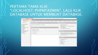 PERTAMA TAMA KLIK
“LOCALHOST/PHPMYADMIN”, LALU KLIK
DATABASE UNTUK MEMBUAT DATABASE.
 