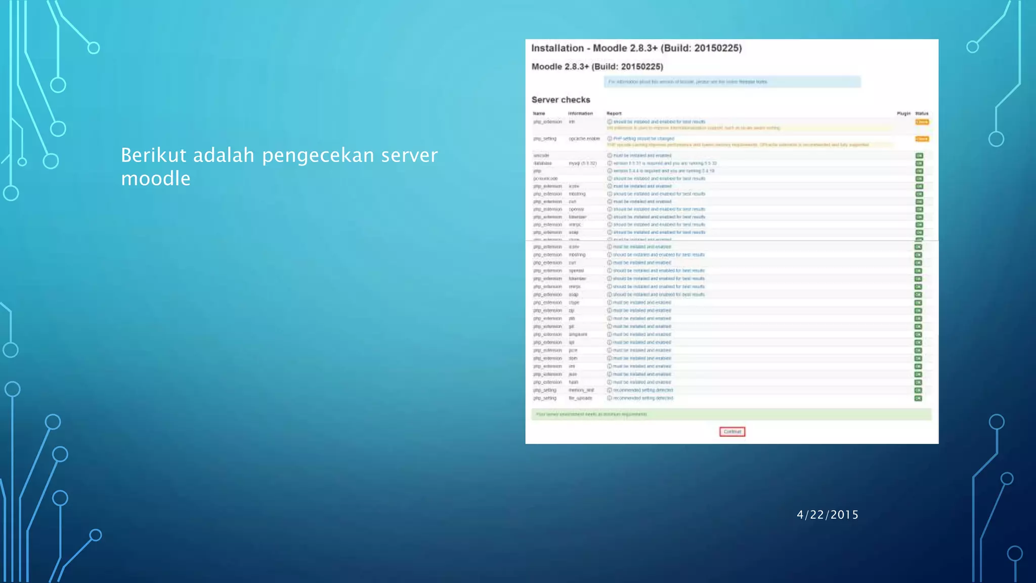 4/22/2015
Berikut adalah pengecekan server
moodle
 