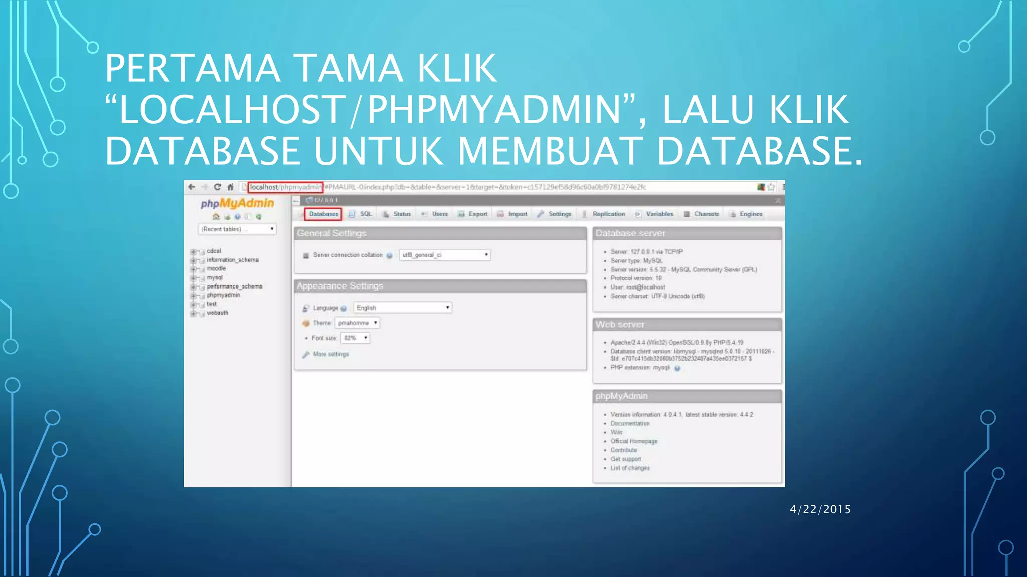 4/22/2015
PERTAMA TAMA KLIK
“LOCALHOST/PHPMYADMIN”, LALU KLIK
DATABASE UNTUK MEMBUAT DATABASE.
 