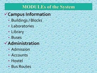 Campus Information
• Buildings / Blocks
• Laboratories
• Library
• Buses
Administration
• Admission
• Accounts
• Hostel
• Bus Routes
7
 