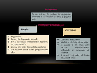 WORDPRESS
 Es gratuito
 Es muy fácil aprender a usarlo
 No se necesitan conocimientos técnicos,
de programación
 Cuenta con miles de plantillas gratuitas
 No necesita saber sobre programación
php
 Consumo de recursos.
 Modificar el código de un sitio
 El acceso a los Blog debe
hacerse, necesariamente,
utilizando un navegador de
Internet
 Separa el contenido y el diseño
en XHTML y CSS.
Ventajas Desventajas
Es un sistema de gestión de contenidos
enfocada a la creación de blog y paginas
web
VENTAJAS Y DESVENTAJAS
 