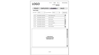 SALESEMPLOYEESPOLICY CLAIMS
ENG
SELECT SELECT
CLAIM NUMBER 1231564789321 STATUS: PENDING ACTION
CLAIM NUMBER 1231564789321 STATUS: WITH AGENT
CLAIM NUMBER 1231564789321 STATUS: REJECTED
CLAIM NUMBER 1231564789321 STATUS: WITH AGENT
CLAIM NUMBER 1231564789321 STATUS: WITH ADJUSTOR
CLAIM NUMBER 1231564789321 STATUS: CLOSED
CLAIM NUMBER 1231564789321 STATUS: WITH AGENT
LOGO
CONTACTUS
HELP LINE: 9999 999 999
0000 000 000
A| A| A Welcome Manager
FOOTER
VIEW CLAIMS
SELECT ROLE: SELECT EMPLOYEE: ASSIGN CLAIM
CLAIM DETAILS
OF SELECTED CLAIM
FROM ABOVE LIST
 