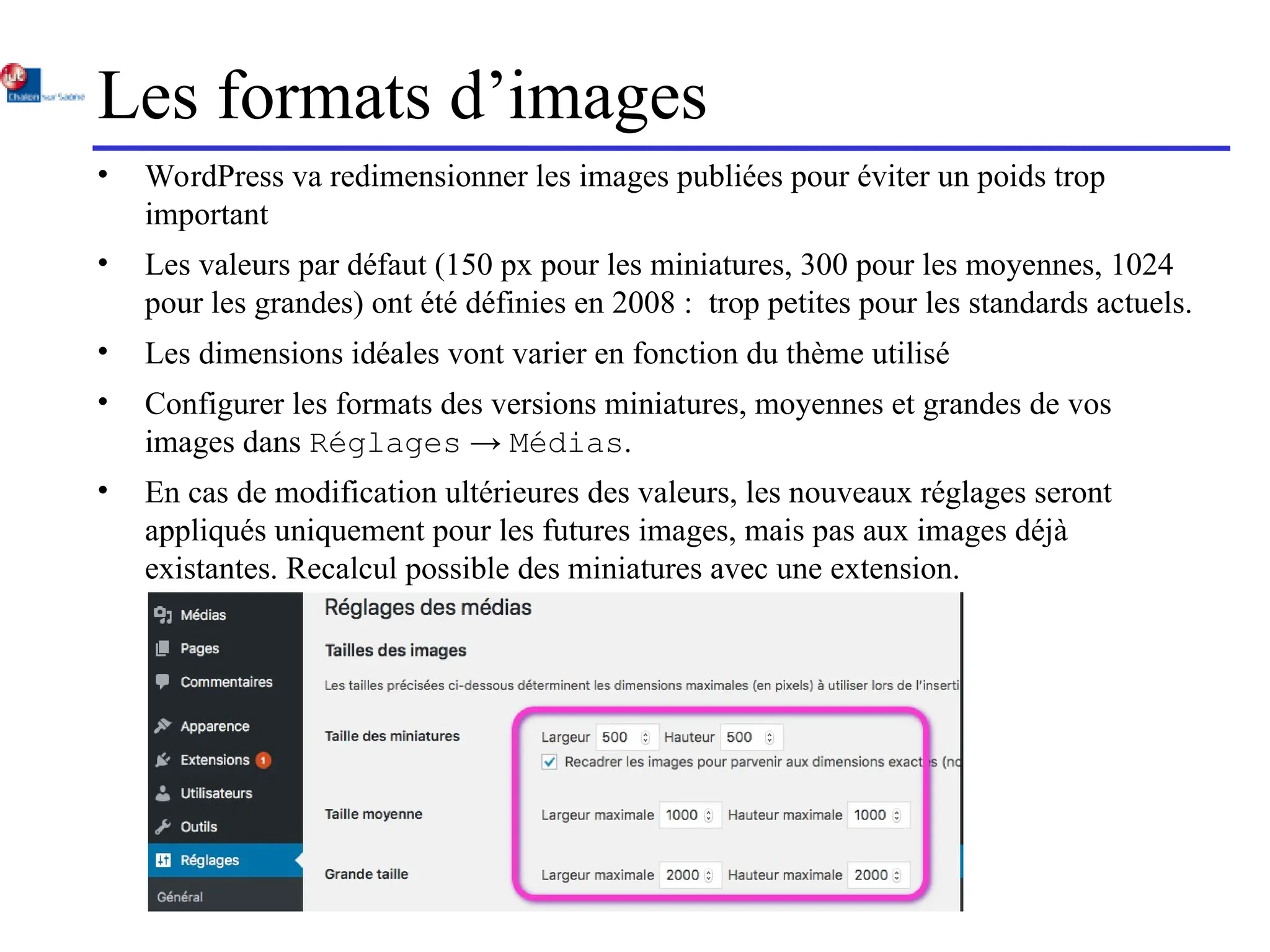 Les formats d’images
• WordPress va redimensionner les images publiées pour éviter un poids trop
important
• Les valeurs par défaut (150 px pour les miniatures, 300 pour les moyennes, 1024
pour les grandes) ont été définies en 2008 : trop petites pour les standards actuels.
• Les dimensions idéales vont varier en fonction du thème utilisé
• Configurer les formats des versions miniatures, moyennes et grandes de vos
images dans Réglages → Médias.
• En cas de modification ultérieures des valeurs, les nouveaux réglages seront
appliqués uniquement pour les futures images, mais pas aux images déjà
existantes. Recalcul possible des miniatures avec une extension.
 