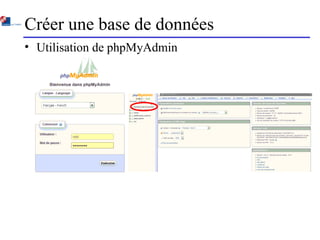 Créer une base de données
• Utilisation de phpMyAdmin
 
