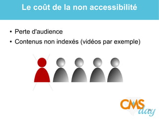 24
Le coût de la non accessibilité
● Perte d'audience
● Contenus non indexés (vidéos par exemple)
 
