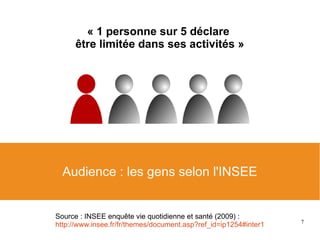 7
Audience : les gens selon l'INSEE
« 1 personne sur 5 déclare
être limitée dans ses activités »
Source : INSEE enquête vie quotidienne et santé (2009) :
http://www.insee.fr/fr/themes/document.asp?ref_id=ip1254#inter1
 