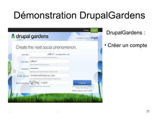 Démonstration DrupalGardens
                       DrupalGardens :

                      • Créer un compte




.           .                            25
 