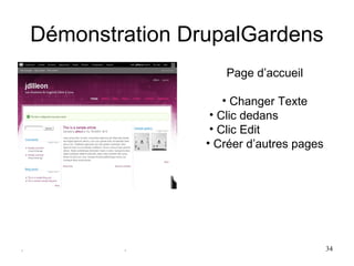 Démonstration DrupalGardens
                       Page d’accueil

                        • Changer Texte
                     • Clic dedans
                     • Clic Edit
                    • Créer d’autres pages




.           .                                34
 