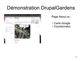 Démonstration DrupalGardens
                     Page About us :

                     • Carte Google
                     • Coordonnées




.           .                          37
 