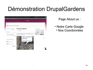 Démonstration DrupalGardens
                      Page About us :

                    • Notre Carte Google 
                     • Nos Coordonnées




.           .                               38
 