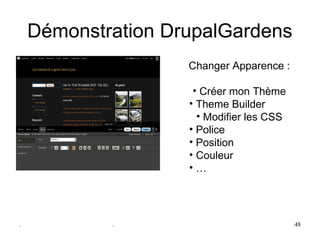 Démonstration DrupalGardens
                    Changer Apparence :

                     • Créer mon Thème
                    • Theme Builder
                      • Modifier les CSS
                    • Police
                    • Position
                    • Couleur
                    • …




.           .                              48
 
