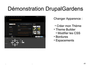 Démonstration DrupalGardens
                    Changer Apparence :

                     • Créer mon Thème
                    • Theme Builder
                      • Modifier les CSS
                    • Bordures
                    • Espacements




.           .                              49
 