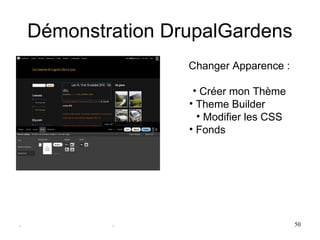 Démonstration DrupalGardens
                    Changer Apparence :

                     • Créer mon Thème
                    • Theme Builder
                      • Modifier les CSS
                    • Fonds




.           .                              50
 