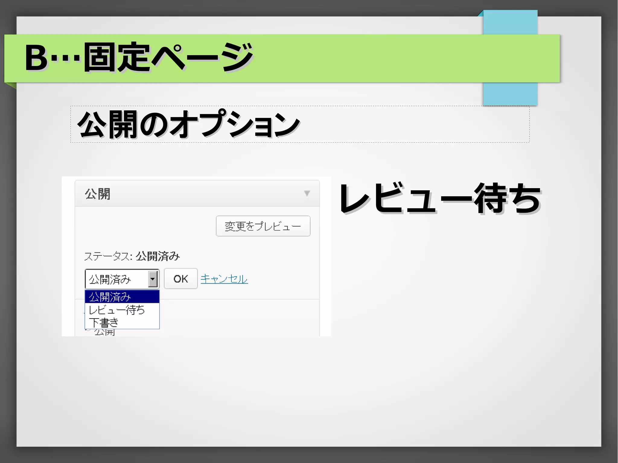 B…固定ページ
 公開のオプション

            レビュー待ち
 