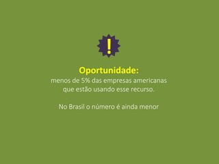 Oportunidade:
menos de 5% das empresas americanas
que estão usando esse recurso.
No Brasil o número é ainda menor
!
 