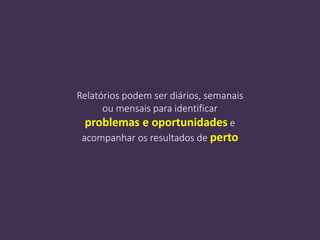 Relatórios podem ser diários, semanais
ou mensais para identificar
problemas e oportunidades e
acompanhar os resultados de perto
 