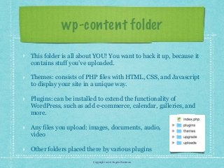 Copyright 2016 Angela Bowman
wp-content folder
This folder is all about YOU! You want to back it up, because it
contains stuff you’ve uploaded.
Themes: consists of PHP files with HTML, CSS, and Javascript
to display your site in a unique way.
Plugins: can be installed to extend the functionality of
WordPress, such as add e-commerce, calendar, galleries, and
more.
Any files you upload: images, documents, audio,  
video
Other folders placed there by various plugins
 