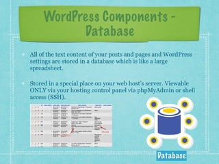 Copyright 2016 Angela Bowman
There is no place called
WordPress!
People are often confused by the words “logging into WordPress” as if it
is a singular place. (With the exception of WordPress.com - which is a singular
place.)
WordPress is NOT a computer application, though you can install an
instance of it on your local computer’s web server.
You do not login to WordPress. You login to the WordPress Dashboard
for YOUR specific site via http://yoursitename.com/wp-admin
Every time you create a website, you will install WordPress on that
hosting account for that domain. Each website will have it’s own unique
login and Dashboard and it’s own instance of WordPress files.
Creating a new WordPress website somewhere will not effect the
WordPress website created somewhere else. They are completely
independent of each other.
 