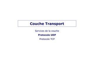 Couche Transport
Services de la couche
Protocole UDP
Protocole TCP
 