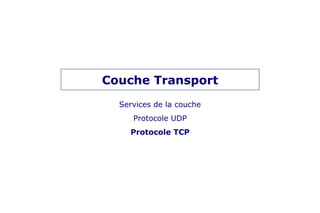 Couche Transport
Services de la couche
Protocole UDP
Protocole TCP
 