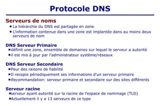  La hiérarchie du DNS est partagée en zone
 L’information contenue dans une zone est implantée dans au moins deux
serveurs de nom
 définit une zone, ensemble de domaines sur lequel le serveur a autorité
 il est mis à jour par l’administrateur système/réseaux
 Pour des raisons de fiabilité
 Il recopie périodiquement ses informations d'un serveur primaire
 Recommandation: serveur primaire et secondaire sur des sites différents
Serveurs de noms
DNS Serveur Primaire
DNS Serveur Secondaire
serveur ayant autorité sur la racine de l’espace de nommage (TLD)
Actuellement il y a 13 serveurs de ce type
Serveur racine
Protocole DNS
 