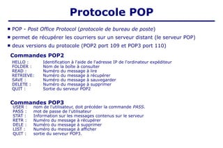 Protocole POP
 POP - Post Office Protocol (protocole de bureau de poste)
 permet de récupérer les courriers sur un serveur distant (le serveur POP)
 deux versions du protocole (POP2 port 109 et POP3 port 110)
Commandes POP2
HELLO : Identification à l'aide de l'adresse IP de l'ordinateur expéditeur
FOLDER : Nom de la boîte à consulter
READ : Numéro du message à lire
RETRIEVE: Numéro du message à récupérer
SAVE : Numéro du message à sauvegarder
DELETE : Numéro du message à supprimer
QUIT : Sortie du serveur POP2
Commandes POP3
USER : nom de l'utilisateur, doit précéder la commande PASS.
PASS : mot de passe de l'utilisateur
STAT : Information sur les messages contenus sur le serveur
RETR : Numéro du message à récupérer
DELE : Numéro du message à supprimer
LIST : Numéro du message à afficher
QUIT : sortie du serveur POP3.
 