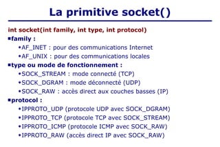 La primitive socket()
int socket(int family, int type, int protocol)
 family :
AF_INET : pour des communications Internet
AF_UNIX : pour des communications locales
 type ou mode de fonctionnement :
SOCK_STREAM : mode connecté (TCP)
SOCK_DGRAM : mode déconnecté (UDP)
SOCK_RAW : accès direct aux couches basses (IP)
 protocol :
IPPROTO_UDP (protocole UDP avec SOCK_DGRAM)
IPPROTO_TCP (protocole TCP avec SOCK_STREAM)
IPPROTO_ICMP (protocole ICMP avec SOCK_RAW)
IPPROTO_RAW (accès direct IP avec SOCK_RAW)
 