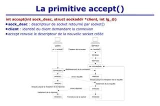 La primitive accept()
int accept(int sock_desc, struct sockaddr *client, int lg_@)
 sock_desc : descripteur de socket retourné par socket()
 client : identité du client demandant la connexion
 accept renvoie le descripteur de la nouvelle socket créée
établissement de la connexion
bloqué jusqu'à la réception de la réponse
bloqué jusqu'à la réception de la requête
envoi requête
Client Serveur
sc = socket()
connect(sc)
write(sc)
read(sc)
close(sc)
ss =socket()
bind(ss)
write(sa)
read(sa)
close(sa)
Création de la socket
traitement de la requête
envoi réponse
traitement de la réponse
Fermeture de la socket
listen(ss)
sa = accept(ss)
 
