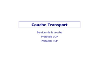 Couche Transport
Services de la couche
Protocole UDP
Protocole TCP
 