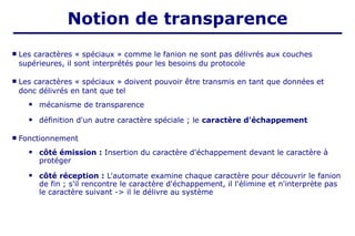  Les caractères « spéciaux » comme le fanion ne sont pas délivrés aux couches
supérieures, il sont interprétés pour les besoins du protocole
 Les caractères « spéciaux » doivent pouvoir être transmis en tant que données et
donc délivrés en tant que tel
 mécanisme de transparence
 définition d'un autre caractère spéciale ; le caractère d'échappement
 Fonctionnement
 côté émission : Insertion du caractère d'échappement devant le caractère à
protéger
 côté réception : L'automate examine chaque caractère pour découvrir le fanion
de fin ; s'il rencontre le caractère d'échappement, il l'élimine et n'interprète pas
le caractère suivant -> il le délivre au système
Notion de transparence
 