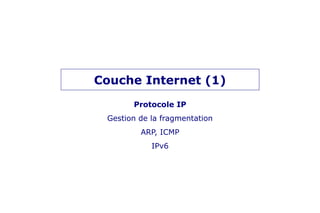 Couche Internet (1)
Protocole IP
Gestion de la fragmentation
ARP, ICMP
IPv6
 