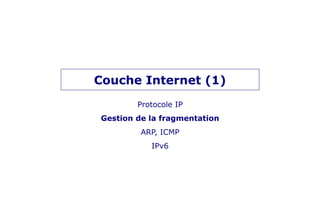 Couche Internet (1)
Protocole IP
Gestion de la fragmentation
ARP, ICMP
IPv6
 