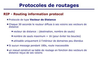  Protocole de type Vecteur de Distance
 Chaque 30 seconde le routeur diffuse à ses voisins ses vecteurs de
distance
 vecteur de distance : (destination, nombre de sauts)
 nombre de sauts maximum = 16 (pour éviter les boucles)
 utilisable uniquement à l'intérieur de domaines peu étendus
 Si aucun message pendant 180s, route inaccessible
 un noeud construit sa table de routage en fonction des vecteurs de
distance reçus de ses voisins
RIP - Routing information protocol
Protocoles de routages
 