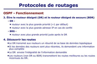 3. Élire le routeur désigné (DR) et le routeur désigné de secours (BDR)
- DR -
 routeur avec la plus grande priorité (=1 par défaut)
 routeur avec la plus grande adresse IP en cas de conflit
- BRG -
 routeur avec plus grande priorité juste après le DR
4. Découvrir les routes
 Le DR transmet aux routeurs un résumé de sa base de données topologique
 Si les données des routeurs sont plus récentes, ils demandent une information
plus complète
 Le DR envoie l'intégralité de l'information demandée
 Les routeurs (non DR ou BDR) transmettent les routes meilleures ou les routes
inconnues du DR.
OSPF - Fonctionnement
Protocoles de routages
 
