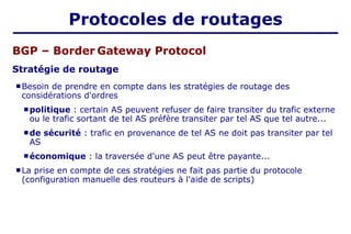  Besoin de prendre en compte dans les stratégies de routage des
considérations d'ordres
 politique : certain AS peuvent refuser de faire transiter du trafic externe
ou le trafic sortant de tel AS préfère transiter par tel AS que tel autre...
 de sécurité : trafic en provenance de tel AS ne doit pas transiter par tel
AS
 économique : la traversée d'une AS peut être payante...
 La prise en compte de ces stratégies ne fait pas partie du protocole
(configuration manuelle des routeurs à l'aide de scripts)
BGP – Border Gateway Protocol
Stratégie de routage
Protocoles de routages
 