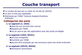 ■
■
■
Le numéro de port est un entier de 16 bits [0, 65535]
Le port 0 n’est pas exploitable
Distribués par l'IANA “Internet Assigned Numbers
Authority”
Cathégories des ports
1. Le segment [1, 1023]
■réservés aux services bien connus
■désignés par l'IANA
■mis en oeuvre par des applications avec des droits privilégiés
2. Le segment [1024, 49151]
■services enregistrés
■énumérés par l’IANA
■peuvent être employés par des processus ayant des droits ordinaires
3. Le segment [49152, 65535]
■attributions dynamiques
Couche transport
 