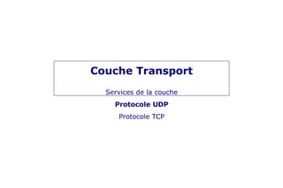 Couche Transport
Services de la couche
Protocole UDP
Protocole TCP
 