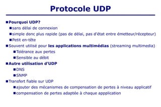 ■Pourquoi UDP?
■sans délai de connexion
■simple donc plus rapide (pas de délai, pas d'état entre émetteur/récepteur)
■Petit en-tête
■Souvent utilisé pour les applications multimédias (streaming multimedia)
■Tolérance aux pertes
■Sensible au débit
■Autre utilisation d’UDP
■DNS
■SNMP
■Transfert fiable sur UDP
■ajouter des mécanismes de compensation de pertes à niveau applicatif
■compensation de pertes adaptée à chaque appplication
Protocole UDP
 